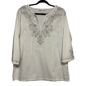 Tantrums Cottagecore Embroidered Linen Top Women Sz L Quiet Luxury Coastal Chic